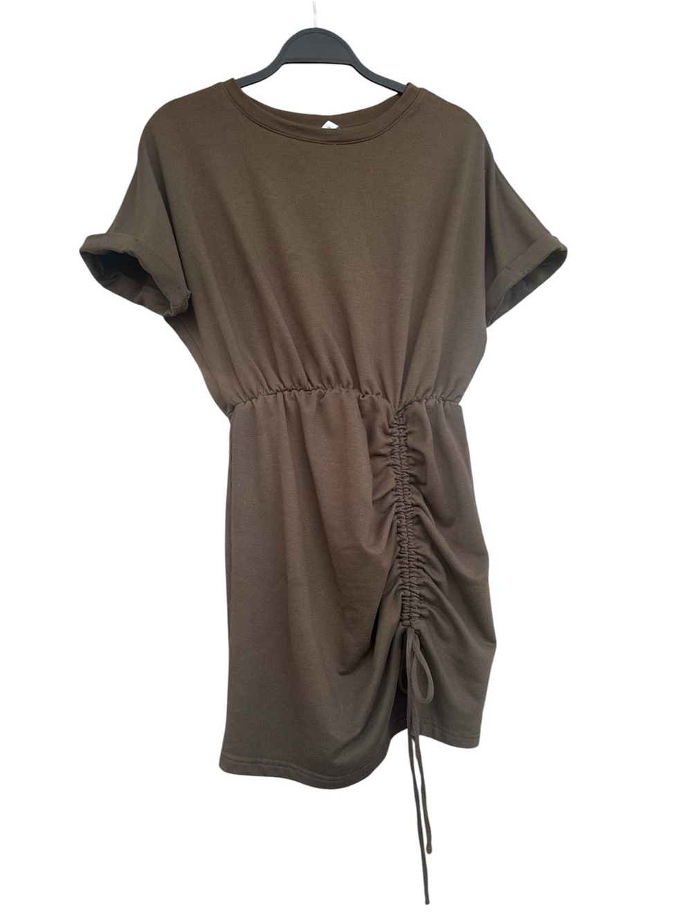 Casual Ruched Drawstring T-Shirt Dress - Olive Size Small